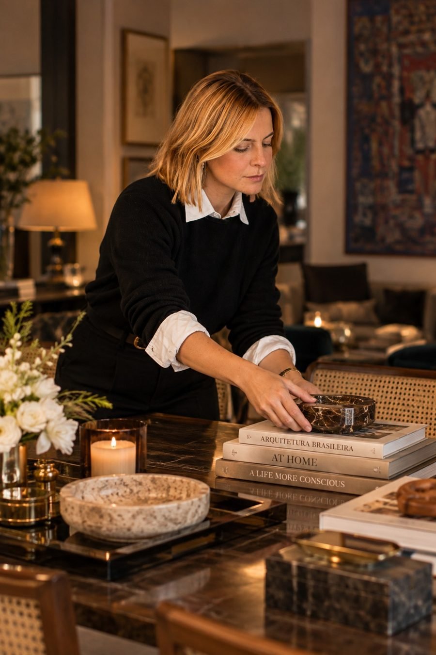 Luíza arrumando livros e objetos sobre a mesa de jantar de casa